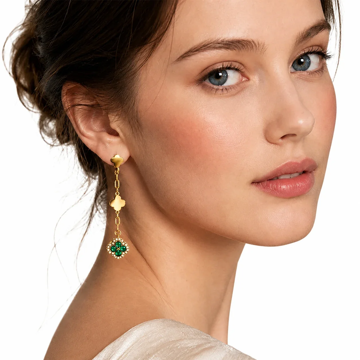 Clover Drop Stainless Steel Link CZ Earrings