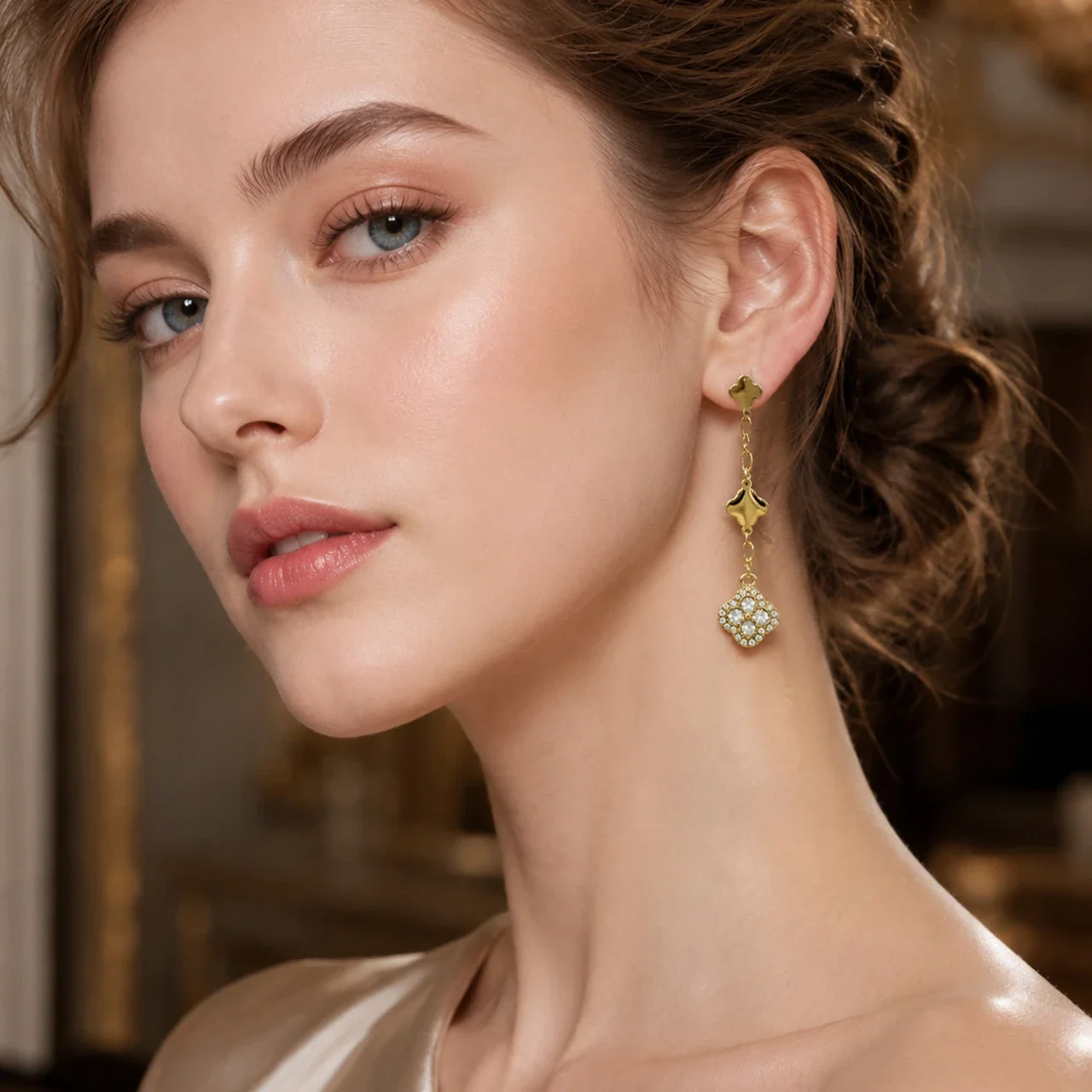 Clover Drop Stainless Steel Link CZ Earrings