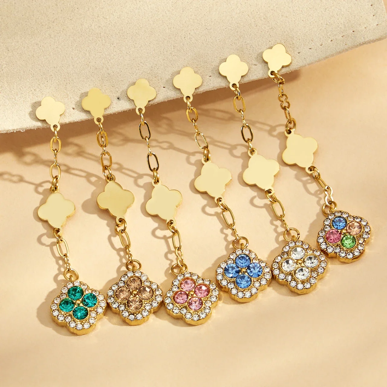 Clover Drop Stainless Steel Link CZ Earrings