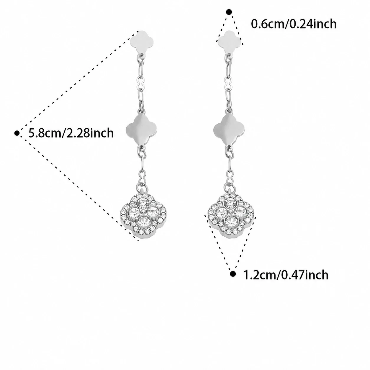 Clover Drop Stainless Steel Link CZ Earrings - Silver Clear CZ