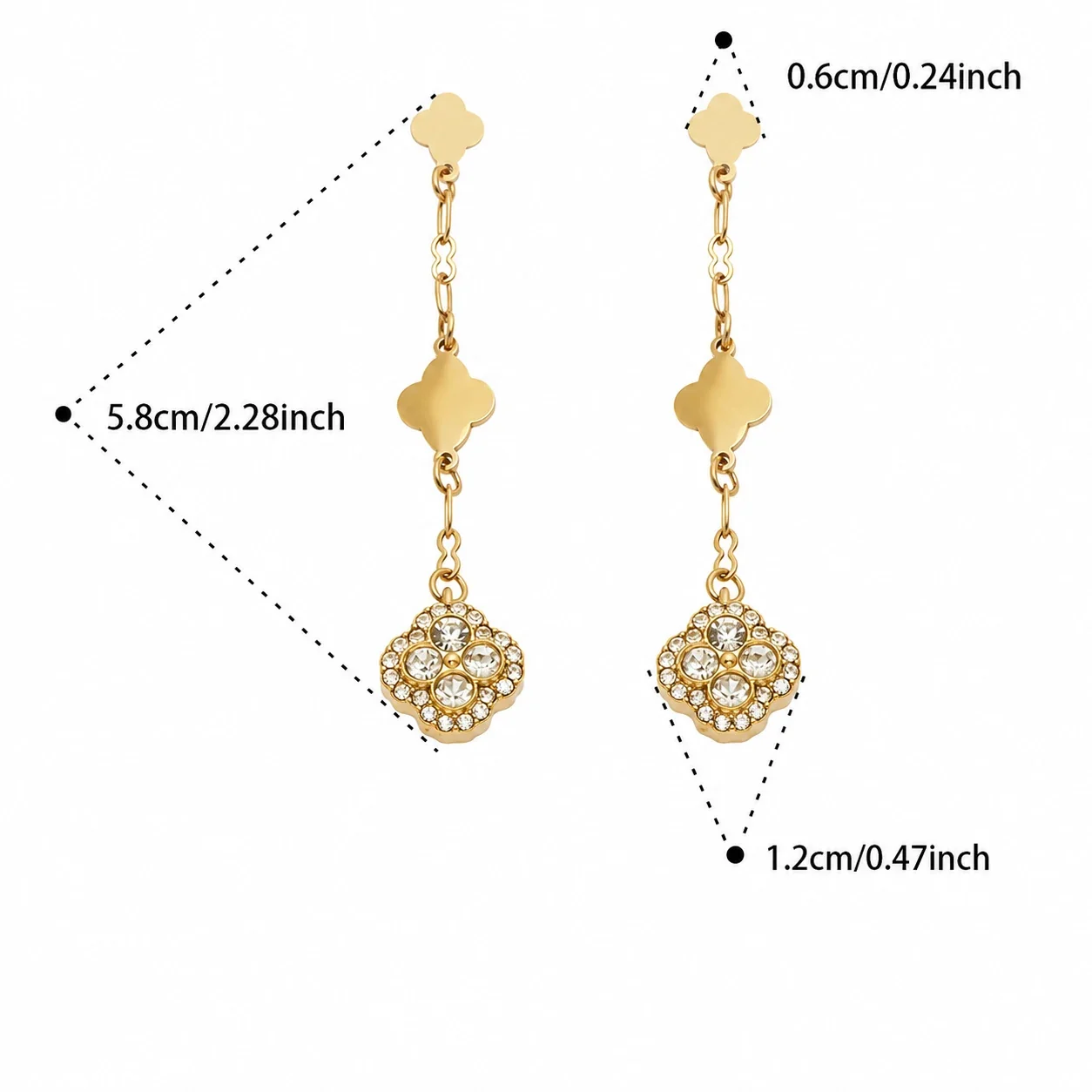 Clover Drop Stainless Steel Link CZ Earrings - Gold Pink CZ