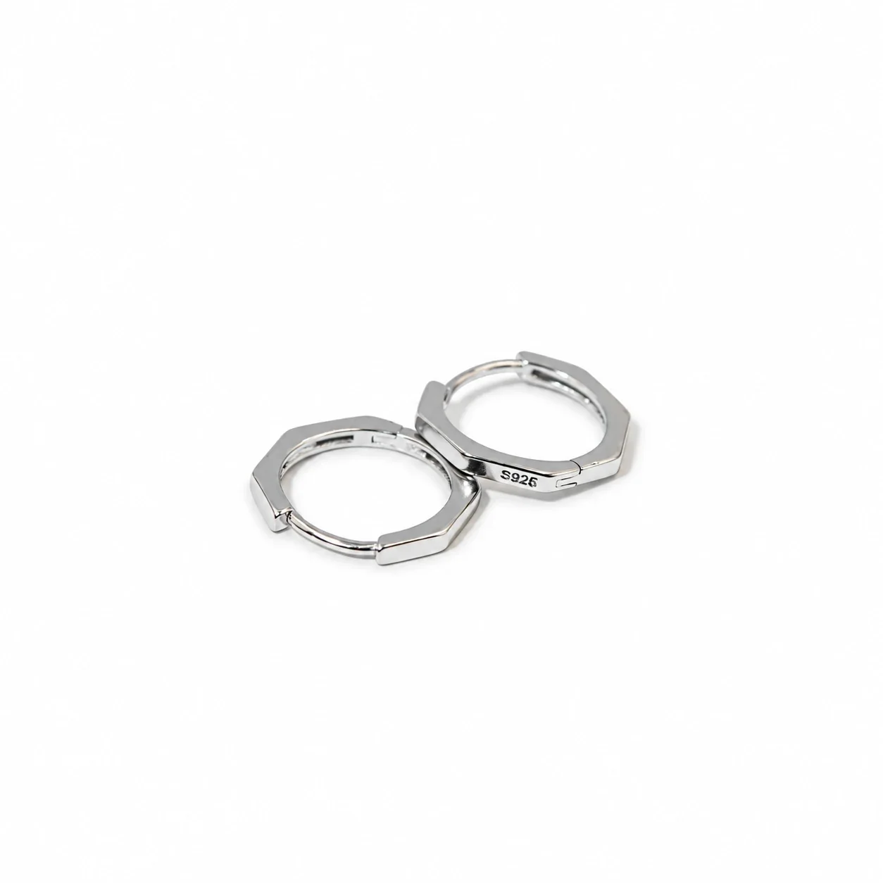 Angular 925 Sterling Silver Octagonal Huggie Hoop Earrings - 15 mm