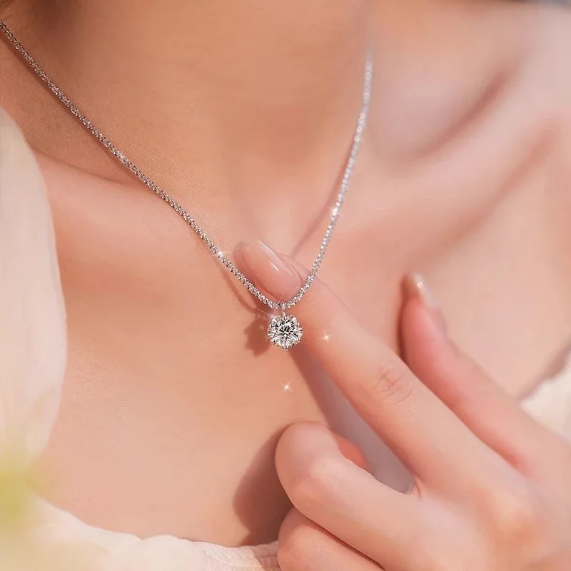Crown Six-Prong 925 Sterling Silver Moissanite Necklace