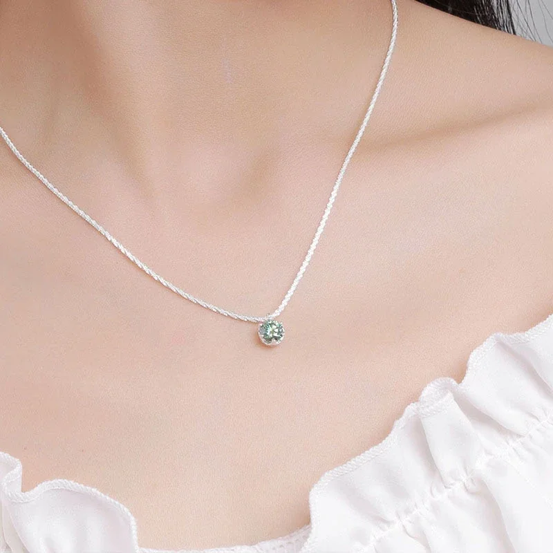 Crown Six-Prong 925 Sterling Silver Moissanite Necklace - 0.5 ct Six-Prong Green Moissanite
