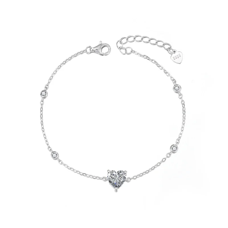 Delicate 925 Sterling Silver Heart Prong-Set Moissanite Station Bracelet