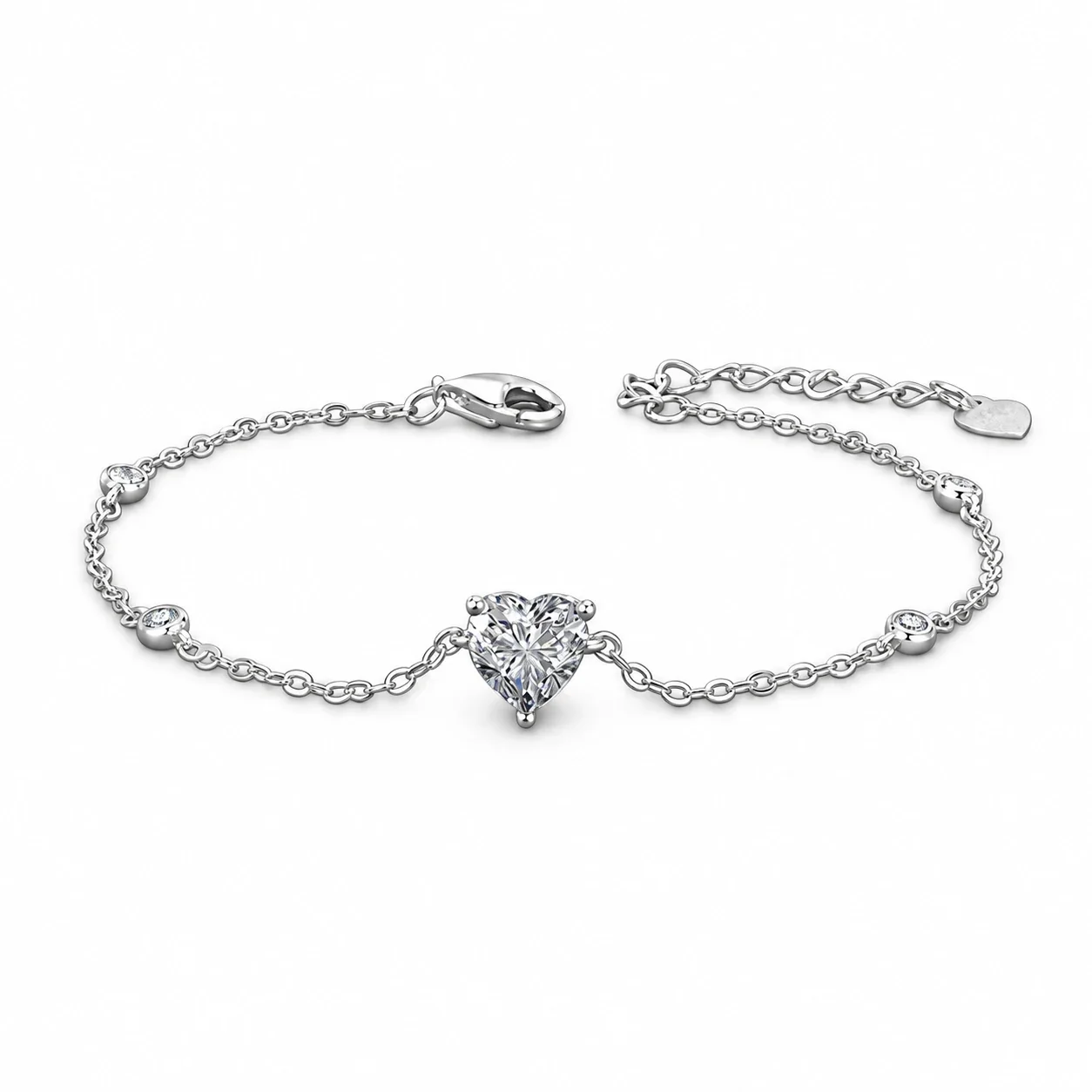 Delicate 925 Sterling Silver Heart Prong-Set Station Bracelet