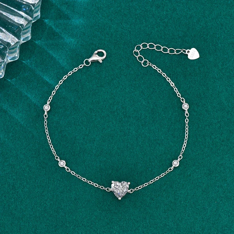 Delicate 925 Sterling Silver Heart Prong-Set Station Bracelet