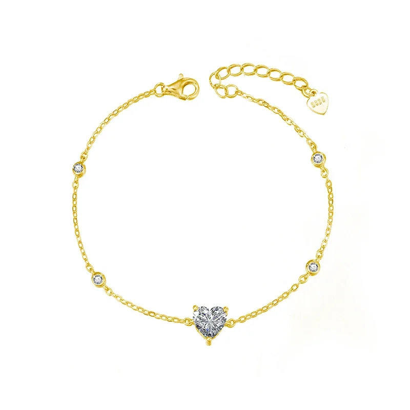 Delicate 925 Sterling Silver Heart Prong-Set Station Bracelet - Gold