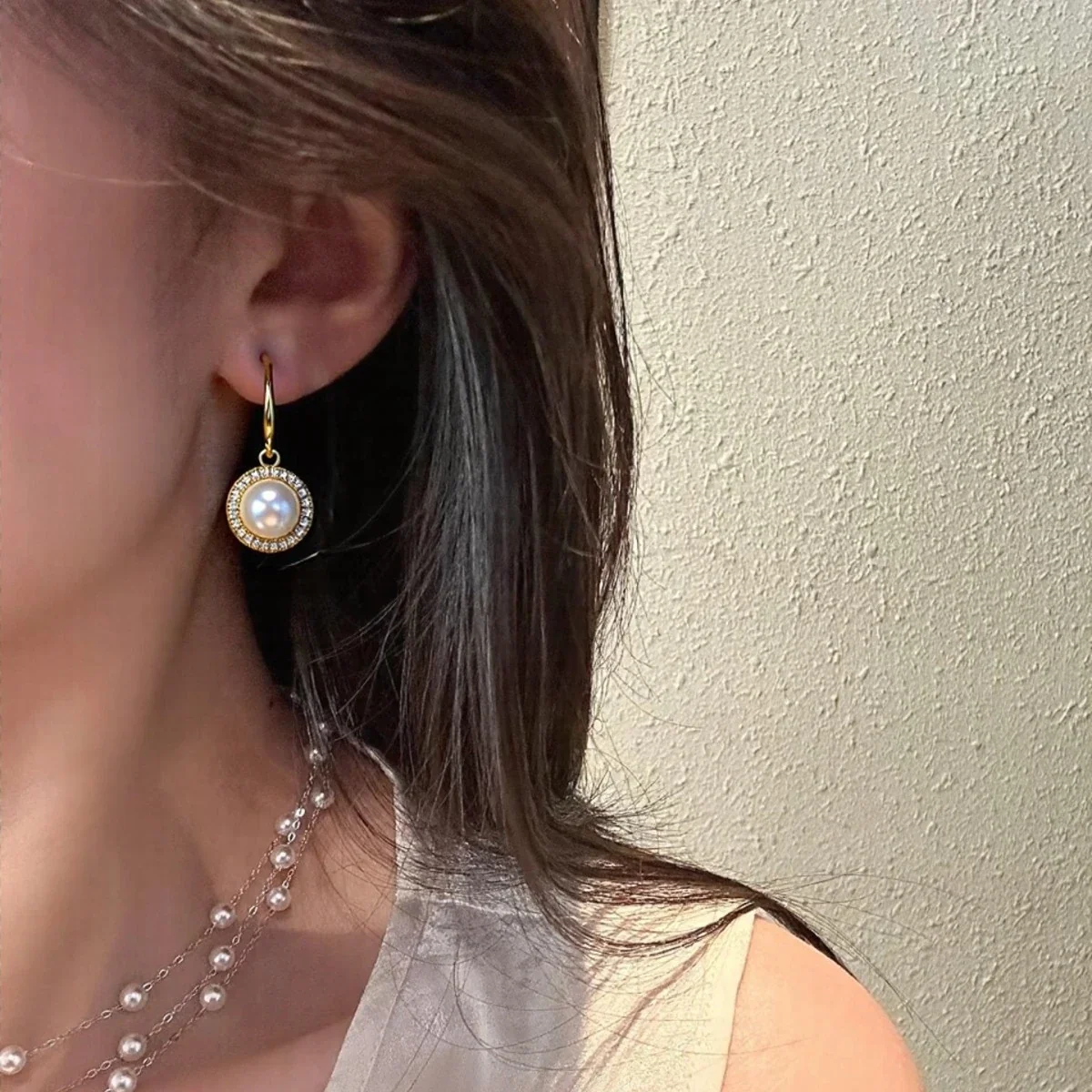 Refined Pavé Halo Round Pearl Hook Drop Earrings