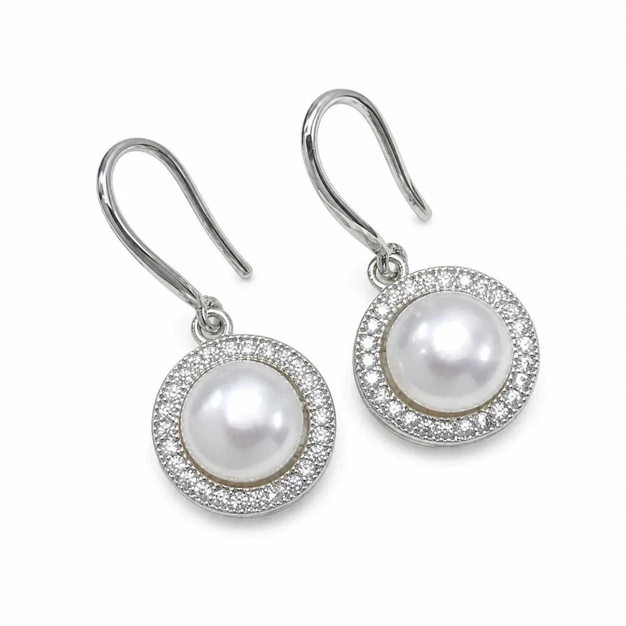 Refined Pavé Halo Round Pearl Hook Drop Earrings