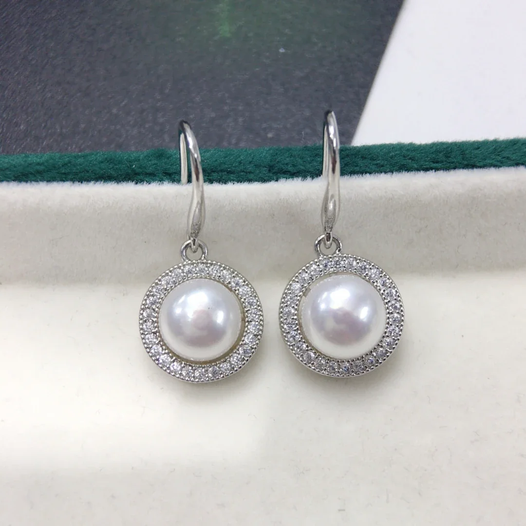 Refined Pavé Halo Round Pearl Hook Drop Earrings - Silver