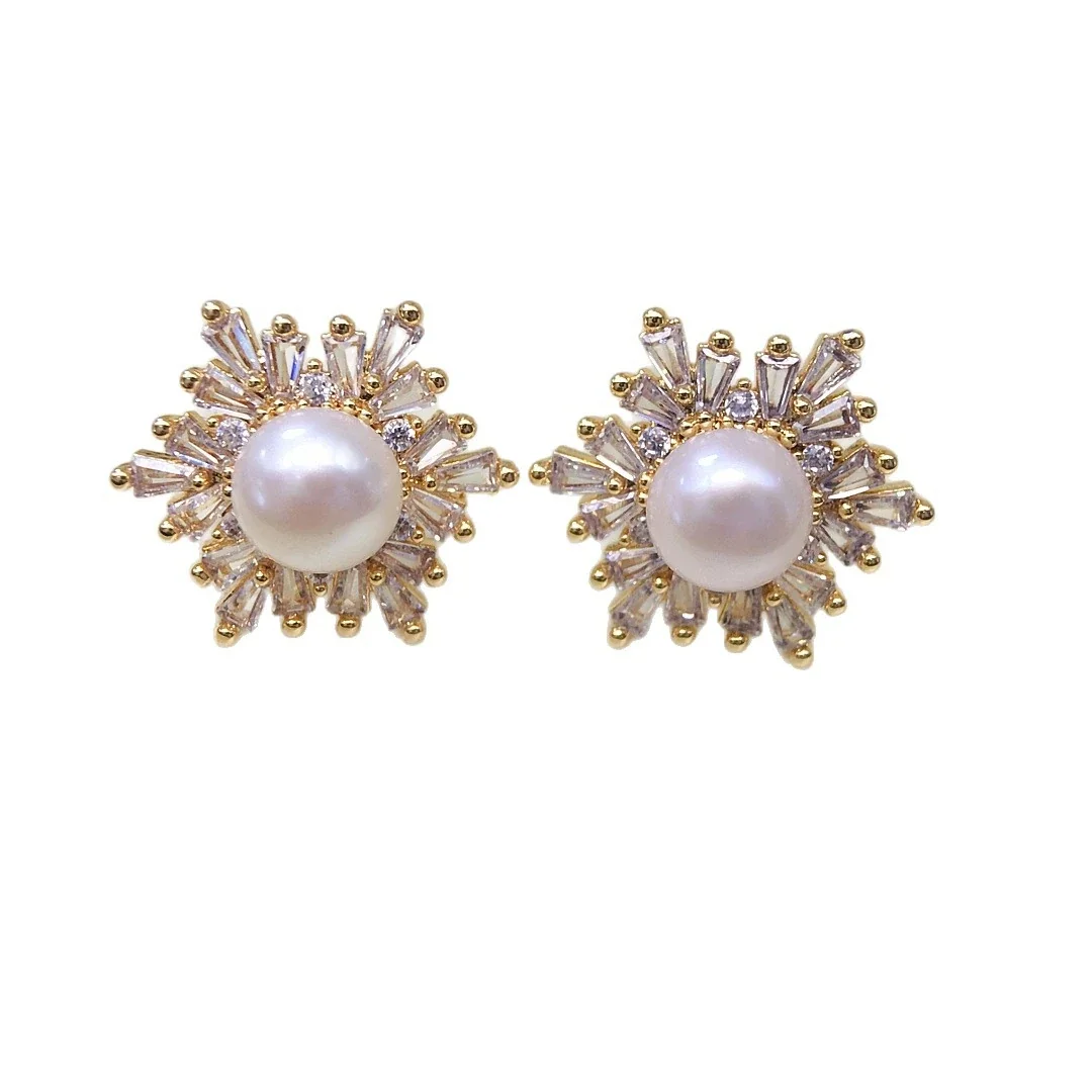 Radiant Baguette CZ Halo Freshwater Pearl Stud Earrings