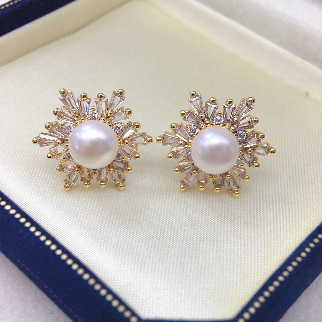 Radiant Baguette CZ Halo Freshwater Pearl Stud Earrings
