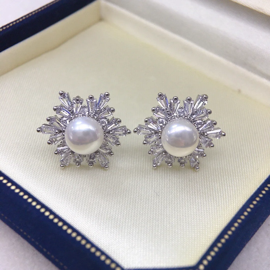 Radiant Baguette CZ Halo Freshwater Pearl Stud Earrings
