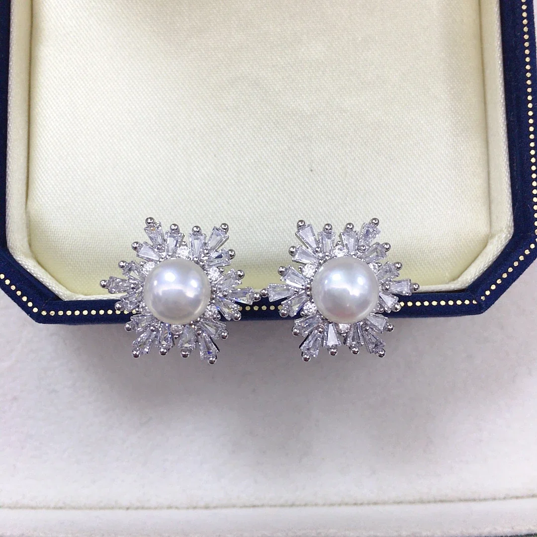 Radiant Baguette CZ Halo Freshwater Pearl Stud Earrings
