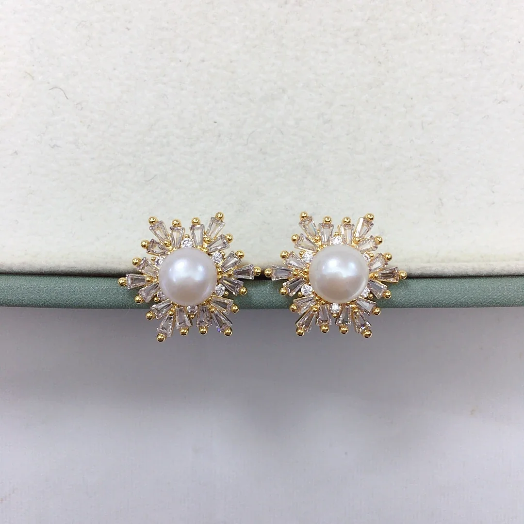 Radiant Baguette CZ Halo Freshwater Pearl Stud Earrings - Gold