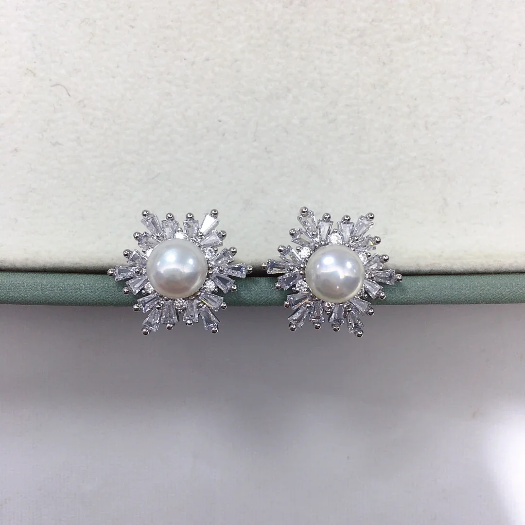 Radiant Baguette CZ Halo Freshwater Pearl Stud Earrings - Silver