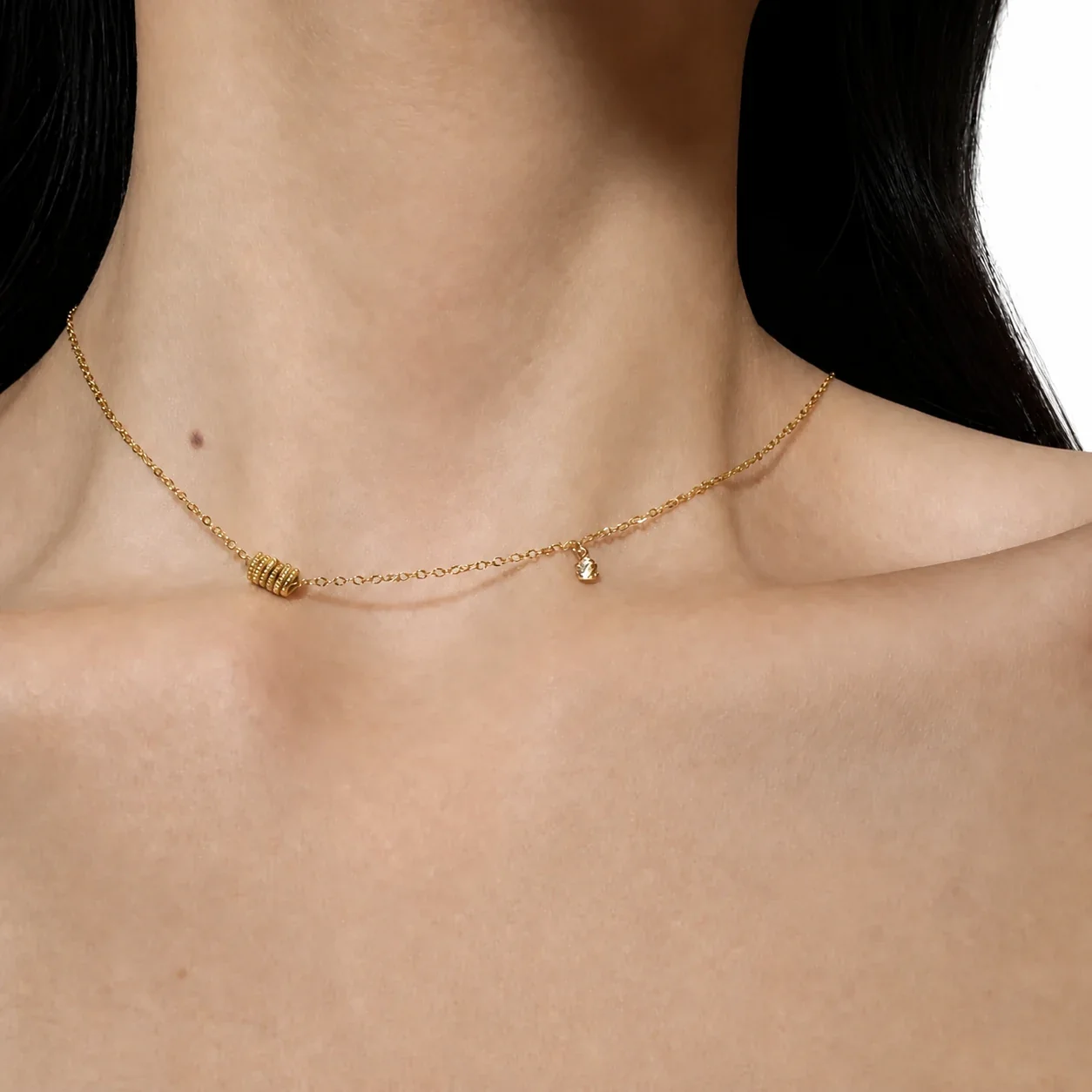 Delicate Rose Gold-Plated Ribbed Barrel Crystal Copper Necklace