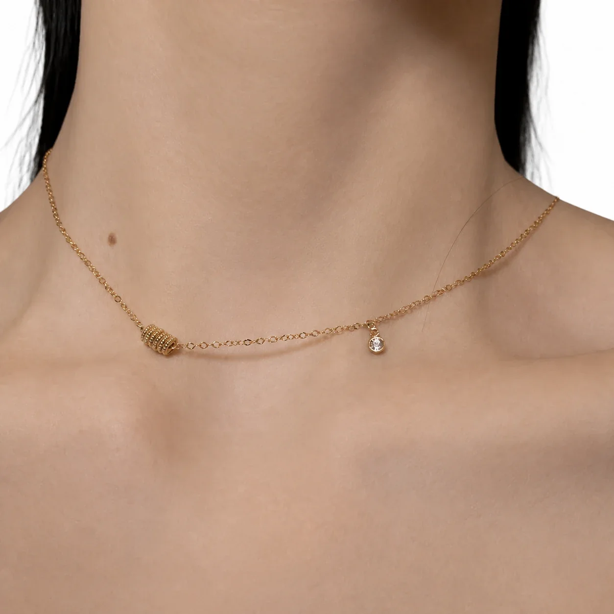 Delicate Rose Gold-Plated Ribbed Barrel Crystal Copper Necklace