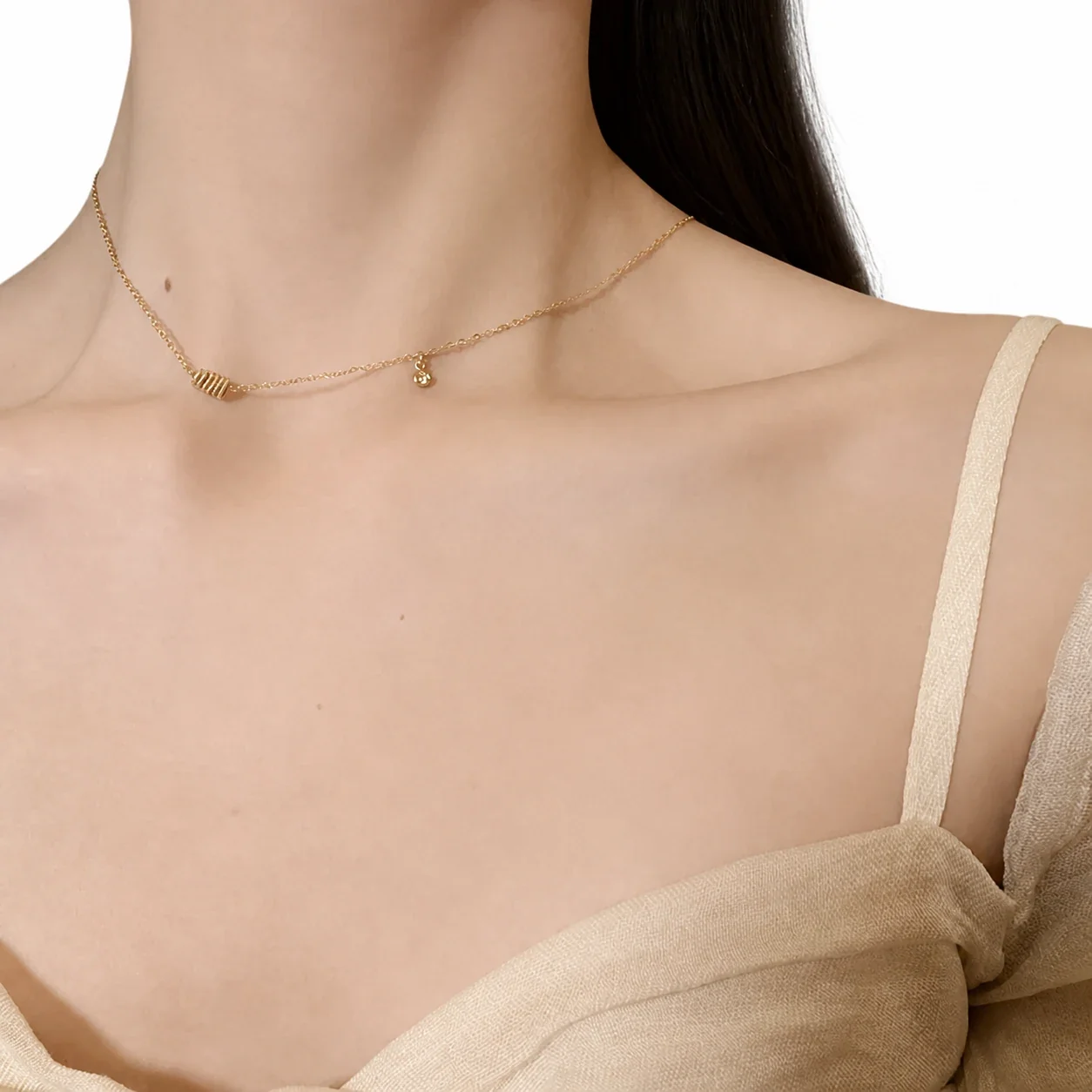 Delicate Rose Gold-Plated Ribbed Barrel Crystal Copper Necklace