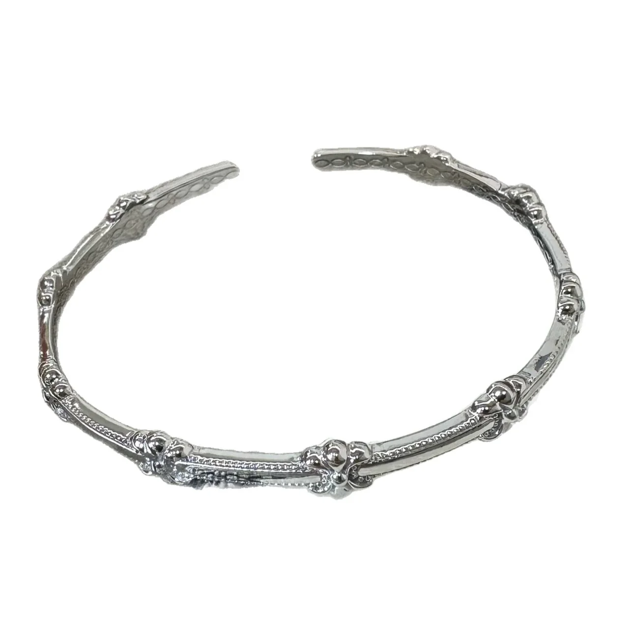 Iris Motif 925 Sterling Silver Beaded Open Bangle