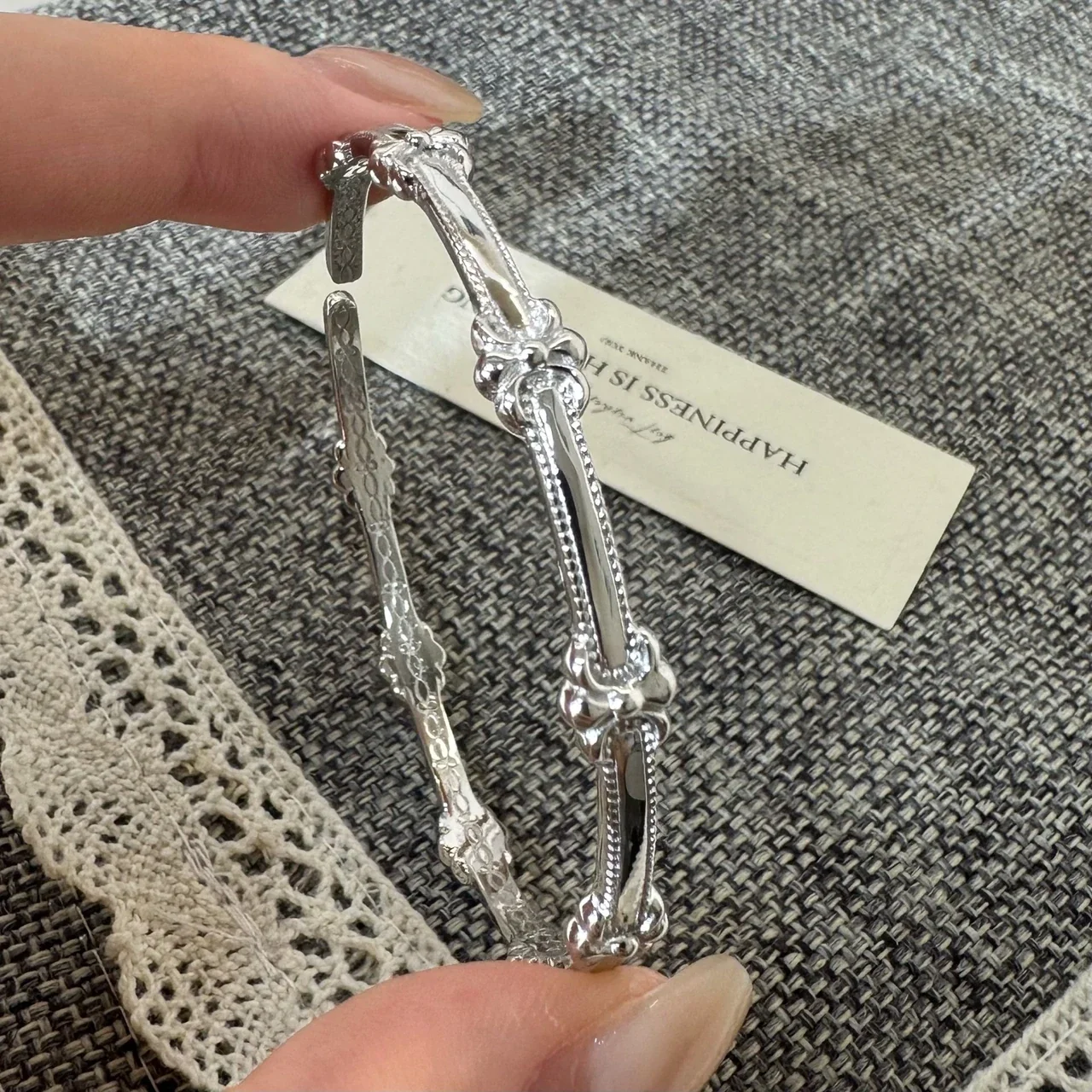 Iris Motif 925 Sterling Silver Beaded Open Bangle