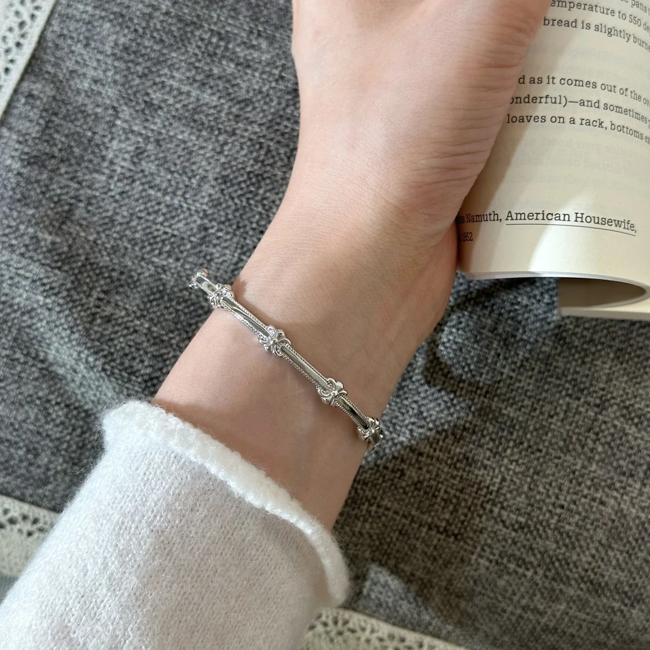 Iris Motif 925 Sterling Silver Beaded Open Bangle