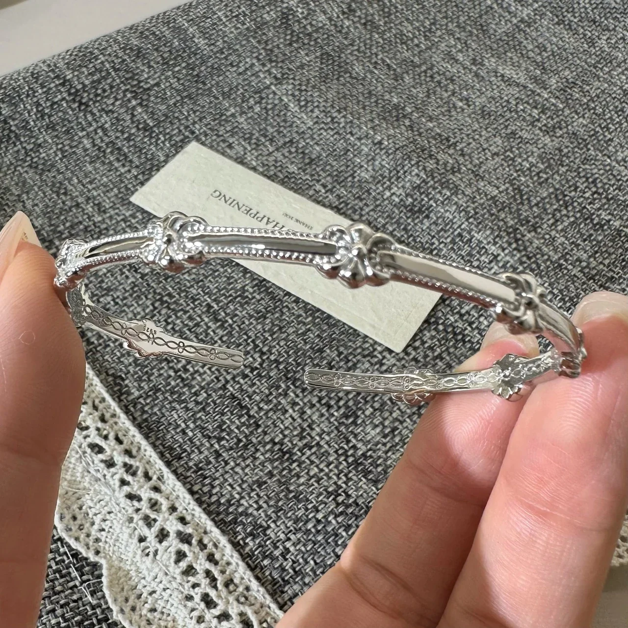Iris Motif 925 Sterling Silver Beaded Open Bangle