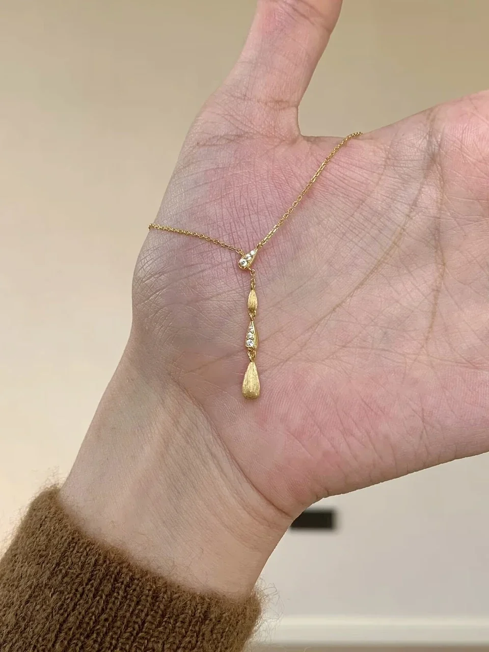 Brushed Teardrop Tassel 925 Sterling Silver Necklace - Gold