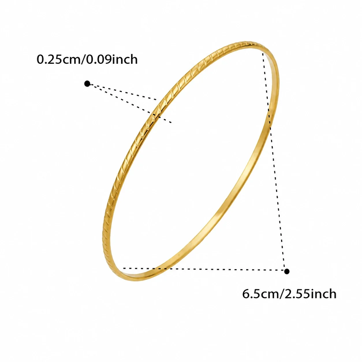 Refined Ribbed Slim Stainless Steel Bangle - Gold Diagonal Ribbed