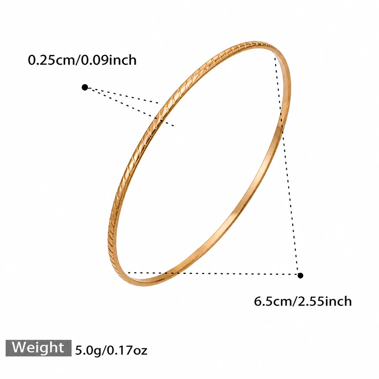 Refined Ribbed Slim Stainless Steel Bangle - Rose Gold Diagonal Ribbed