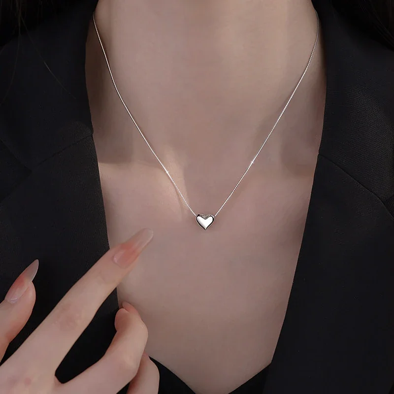 Minimal Polished Heart 925 Sterling Silver Box Chain Necklace