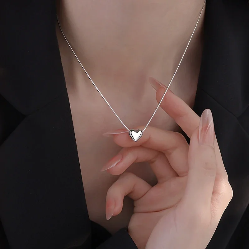 Minimal Polished Heart 925 Sterling Silver Box Chain Necklace