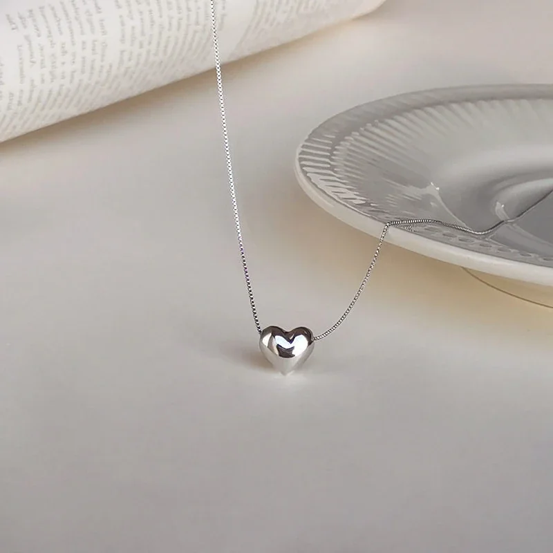 Minimal Polished Heart 925 Sterling Silver Box Chain Necklace