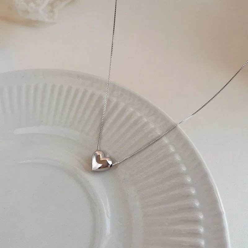Minimal Polished Heart 925 Sterling Silver Box Chain Necklace