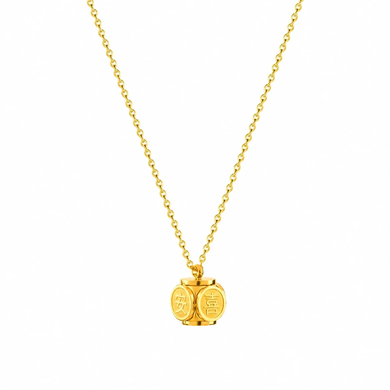 Fortune-Engraved Coin-Face Gold-Plated Cube Pendant Necklace