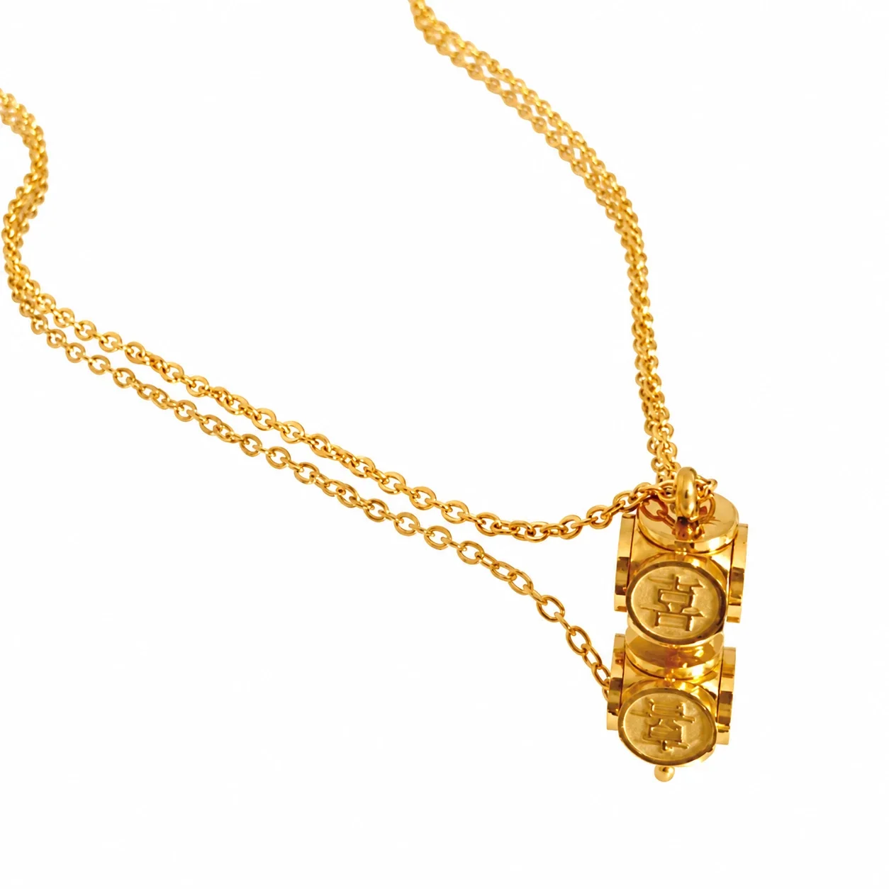 Fortune-Engraved Coin-Face Gold-Plated Cube Pendant Necklace