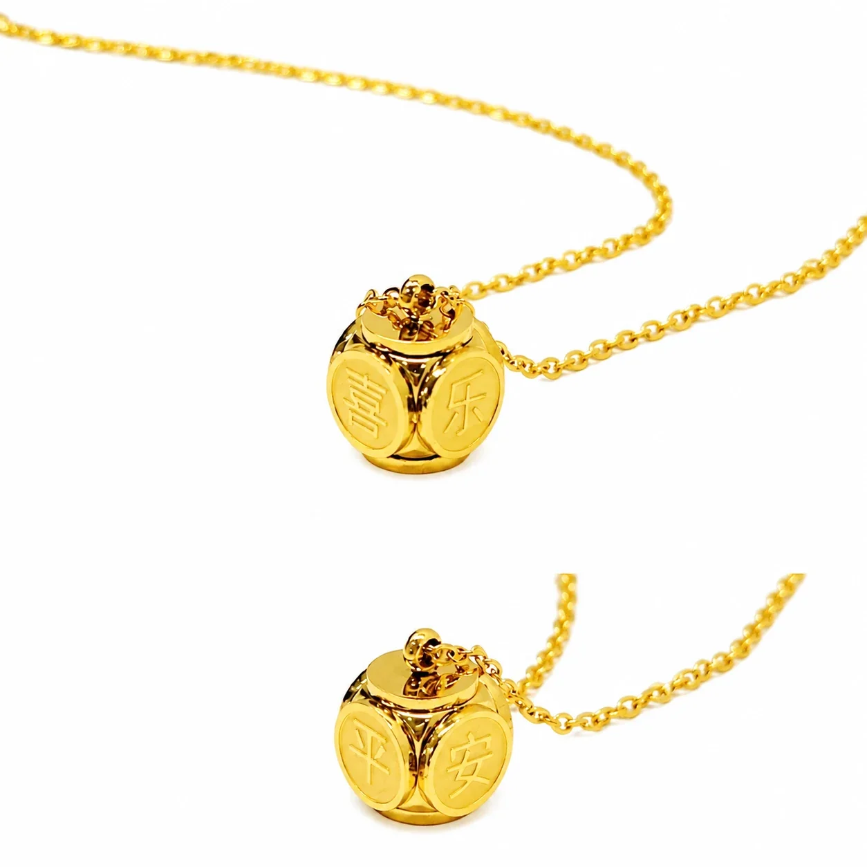 Fortune-Engraved Coin-Face Gold-Plated Cube Pendant Necklace