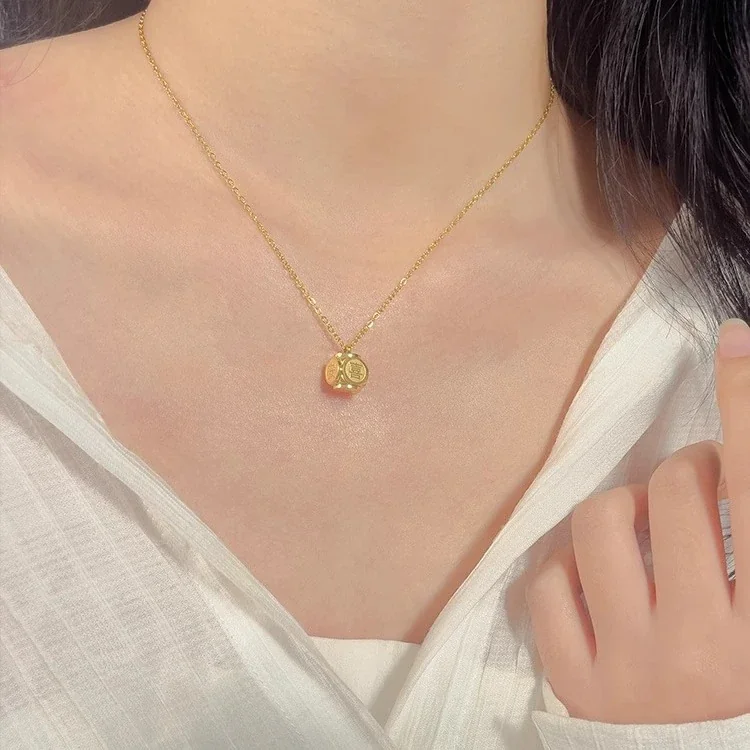 Fortune-Engraved Coin-Face Gold-Plated Cube Pendant Necklace