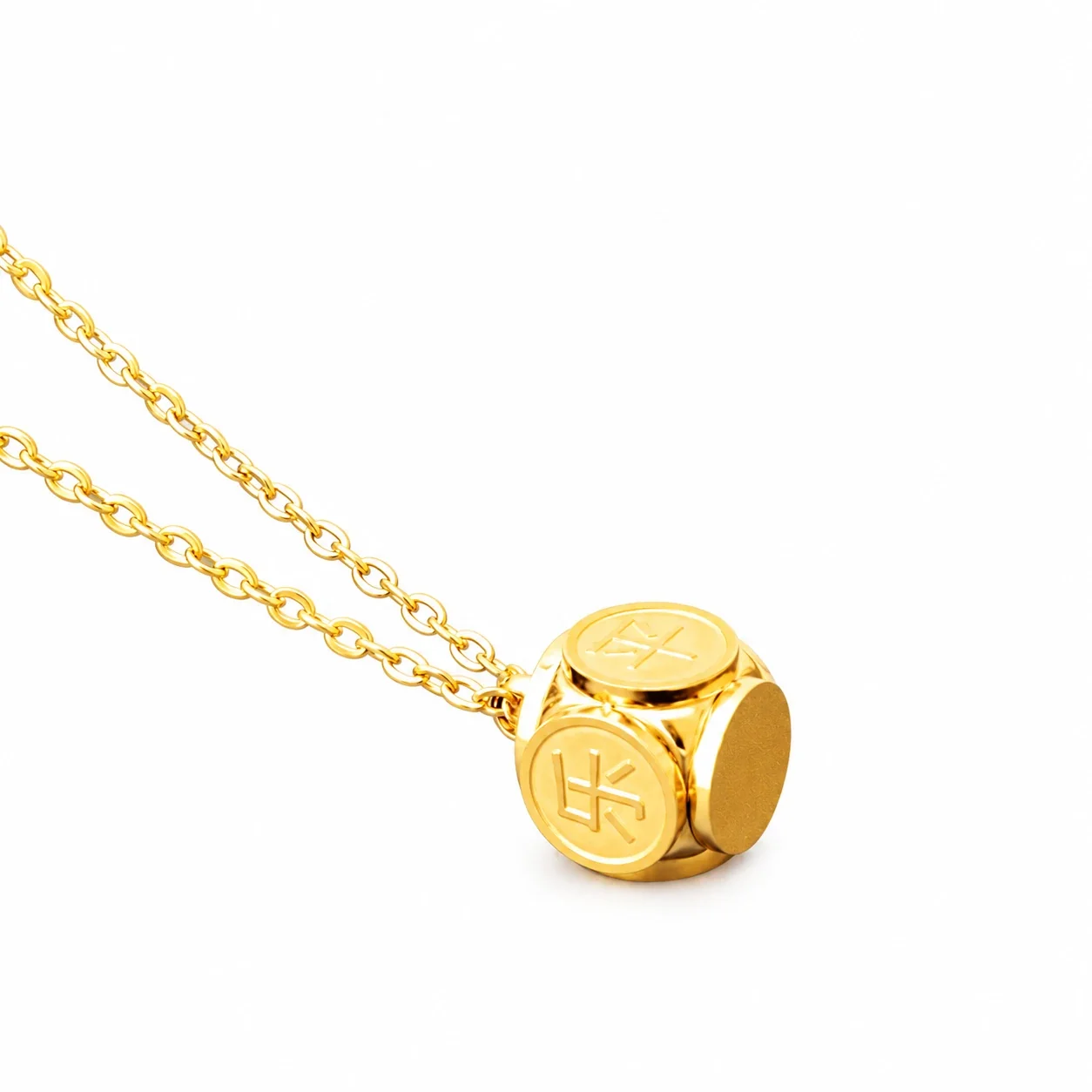 Fortune-Engraved Coin-Face Gold-Plated Cube Pendant Necklace