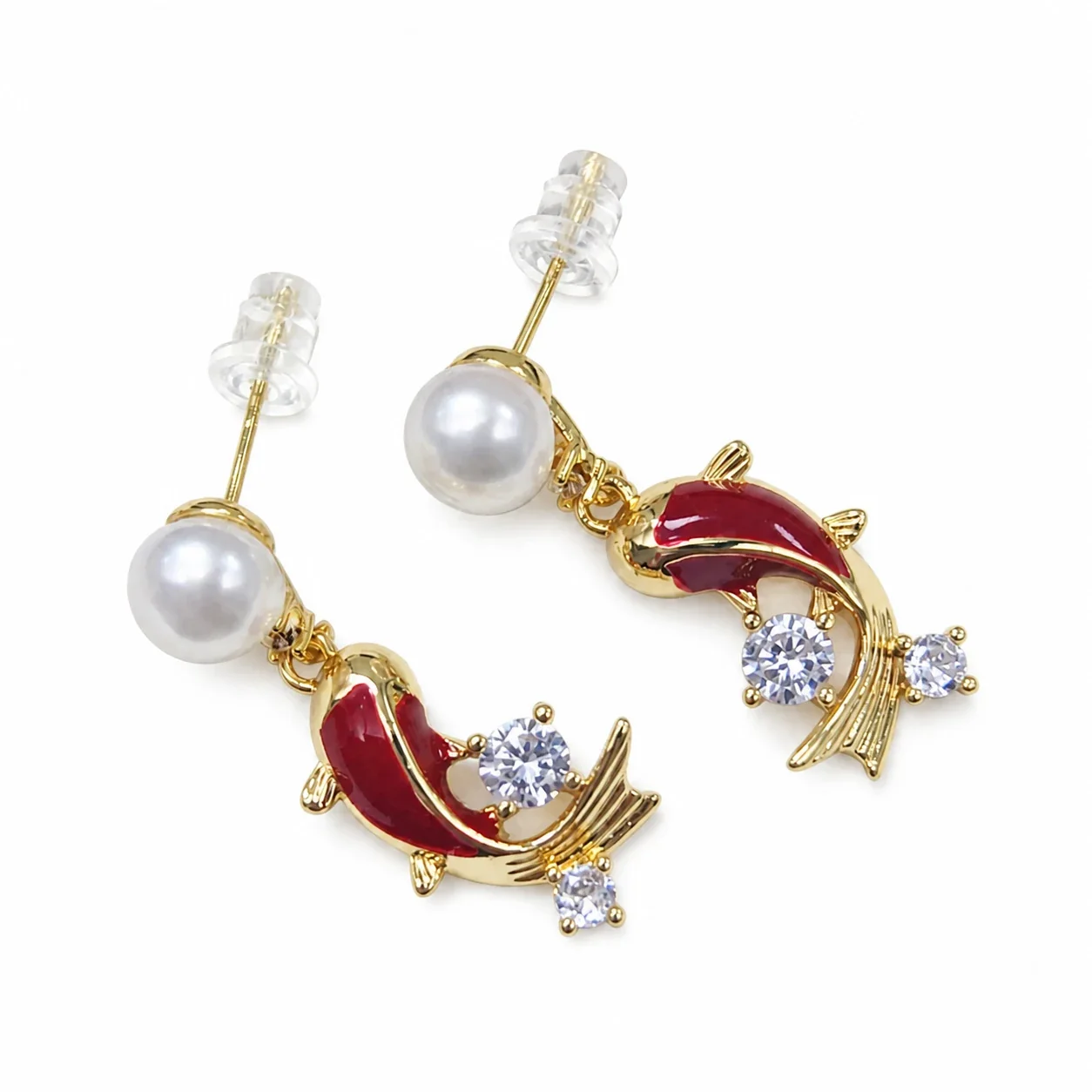 Red Enamel Motif Gold-Plated Freshwater Pearl Earrings