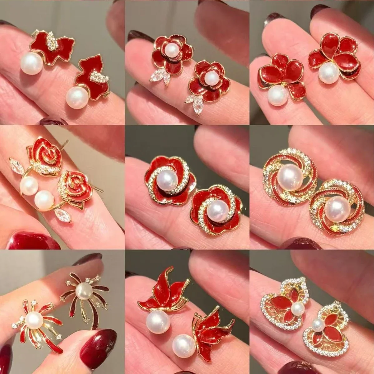 Red Enamel Motif Gold-Plated Freshwater Pearl Earrings