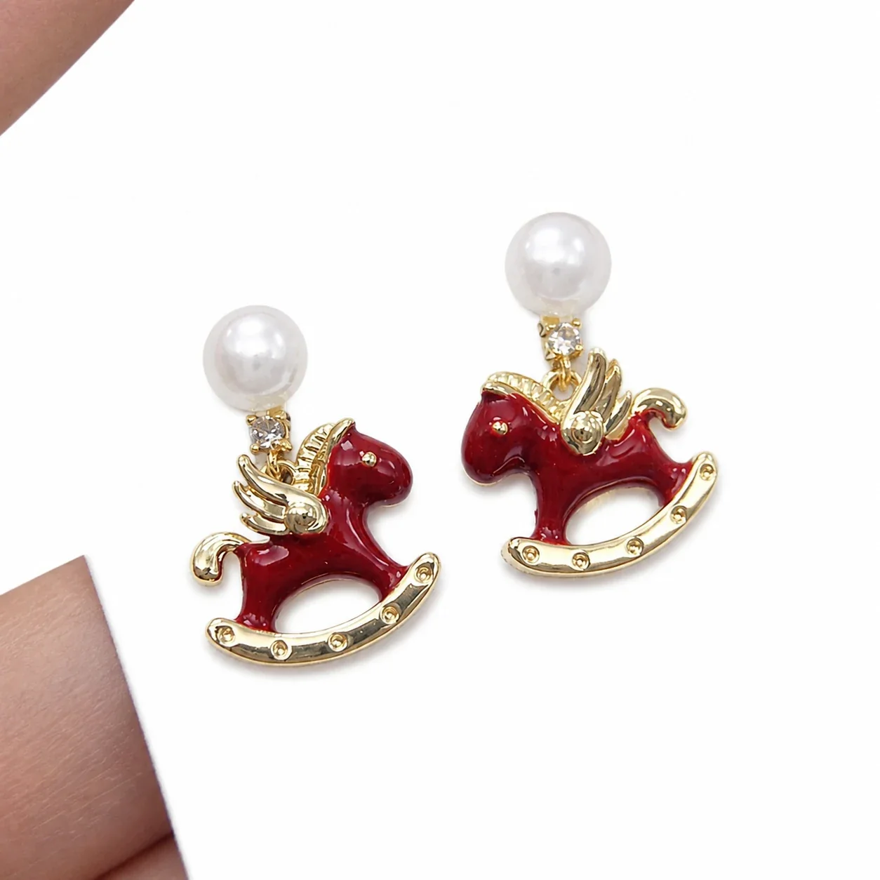 Red Enamel Motif Gold-Plated Freshwater Pearl Earrings