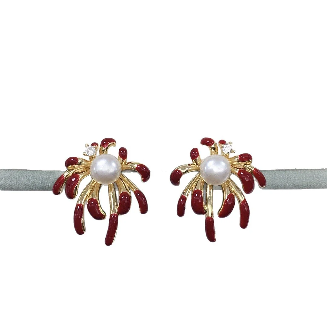 Red Enamel Motif Gold-Plated Freshwater Pearl Earrings