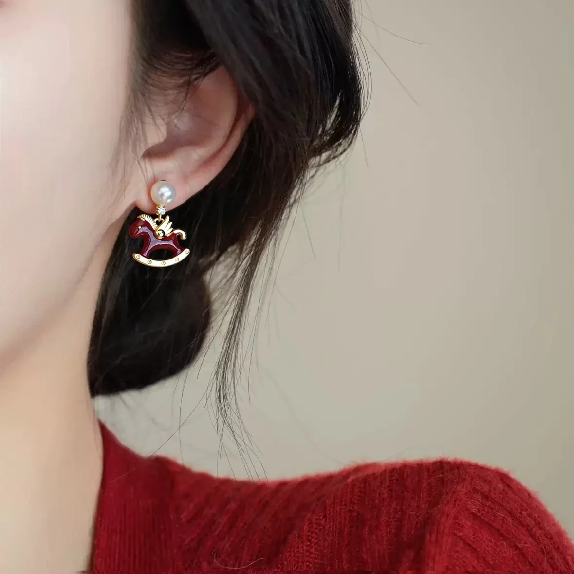 Red Enamel Motif Gold-Plated Freshwater Pearl Earrings - Pegasus