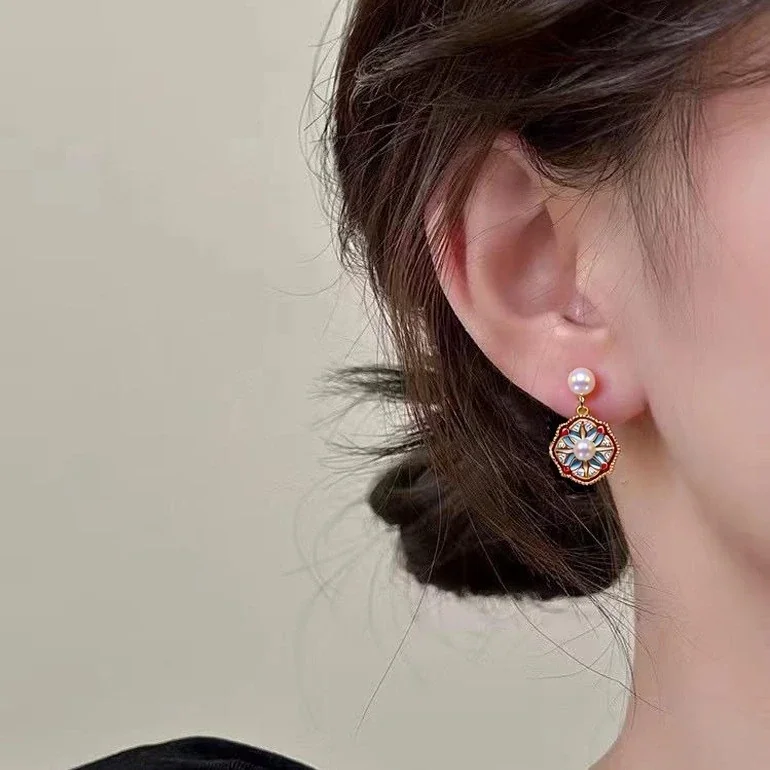 Red Enamel Motif Gold-Plated Freshwater Pearl Earrings - Double Pearl Heritage