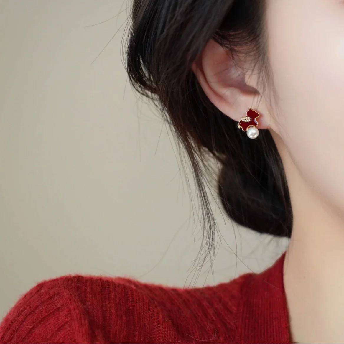 Red Enamel Motif Gold-Plated Freshwater Pearl Earrings - Unicorn