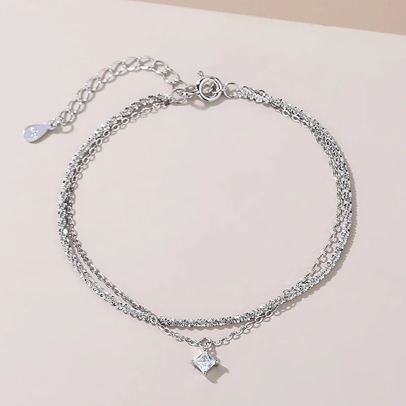Delicate 925 Sterling Silver Double-Chain Square Charm Bracelet