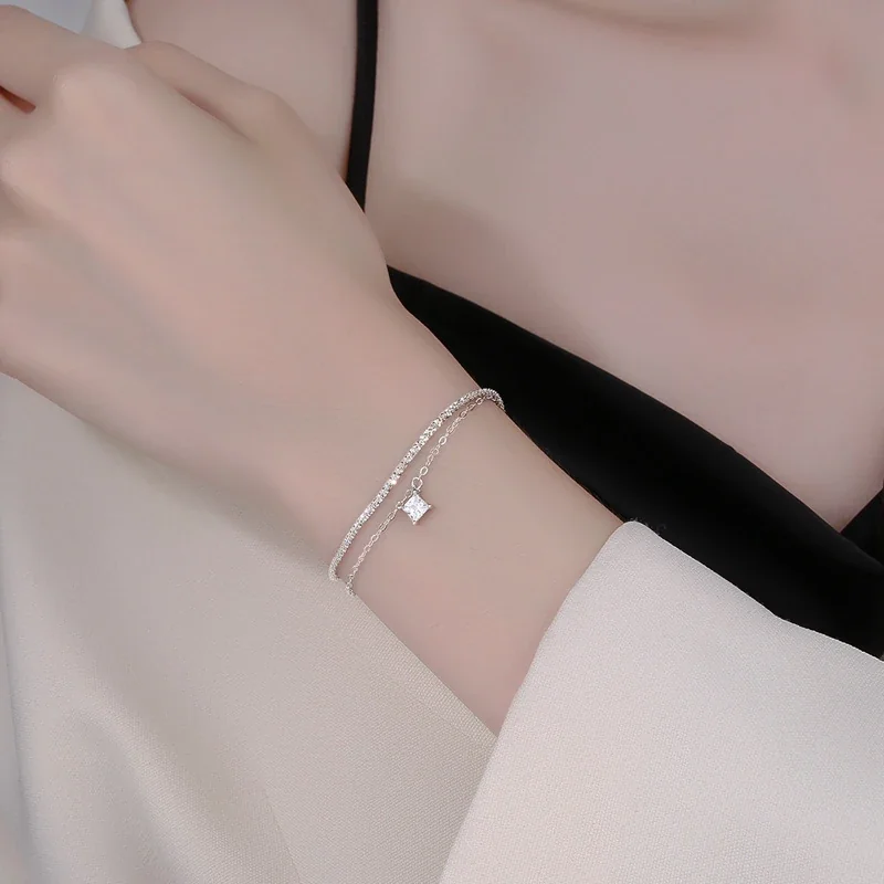 Delicate 925 Sterling Silver Double-Chain Square Charm Bracelet