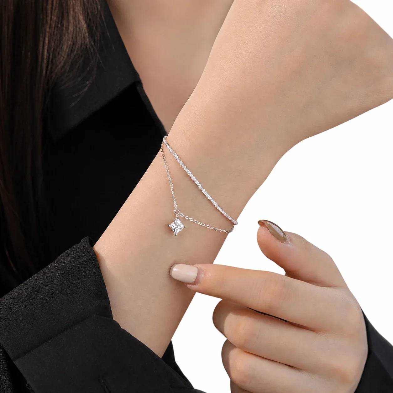 Delicate 925 Sterling Silver Double-Chain Square Charm Bracelet